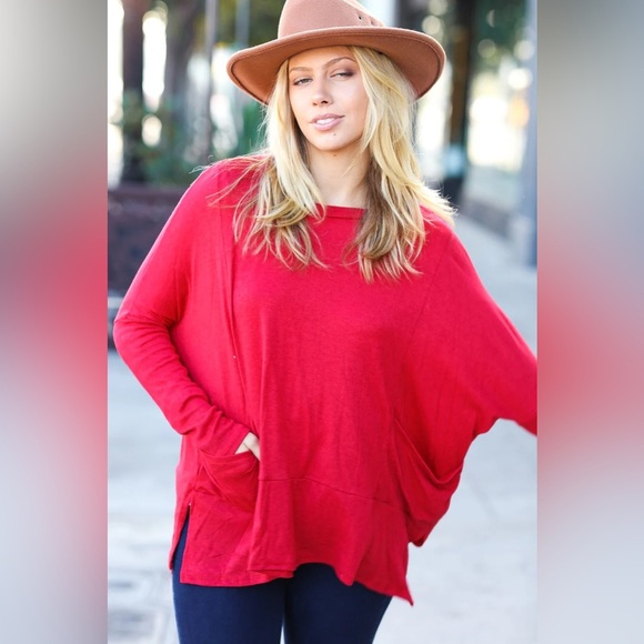 Going My Way Red Hacci Dolman Pocketed Sweater Top - Picture 6 of 6